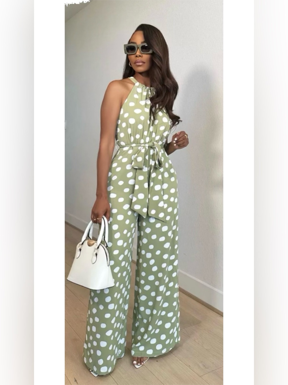 Olive Polka Dot Wide-Leg Jumpsuit with Waist Tie